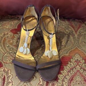 Ferragamo Brown T‑Strap Heels with Ivory, Tassel Charms & stylish cork heel.